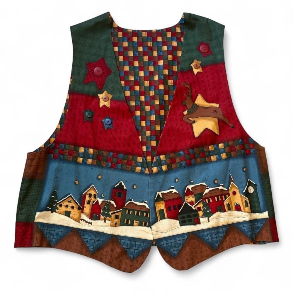 Vtg 90s Y2K Christmas Santa vest reindeer moon handmade teacher grandmacore 1X‎